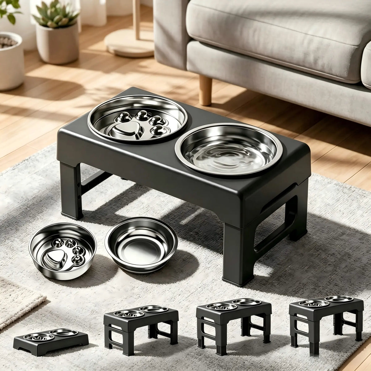 Elevated Adjustable Stainless Steel Dog Bowls with Slow Feeder Functionality - Height-Adjustable Stand (21-27cm), 17.1" Wide Anti-Slip No-Spill Feeder for Large Dogs, Promotes Neck Health and Aids in Healthy Digestion