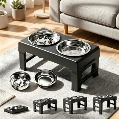 Elevated Adjustable Stainless Steel Dog Bowls with Slow Feeder Functionality - Height-Adjustable Stand (21-27cm), 17.1" Wide Anti-Slip No-Spill Feeder for Large Dogs, Promotes Neck Health and Aids in Healthy Digestion