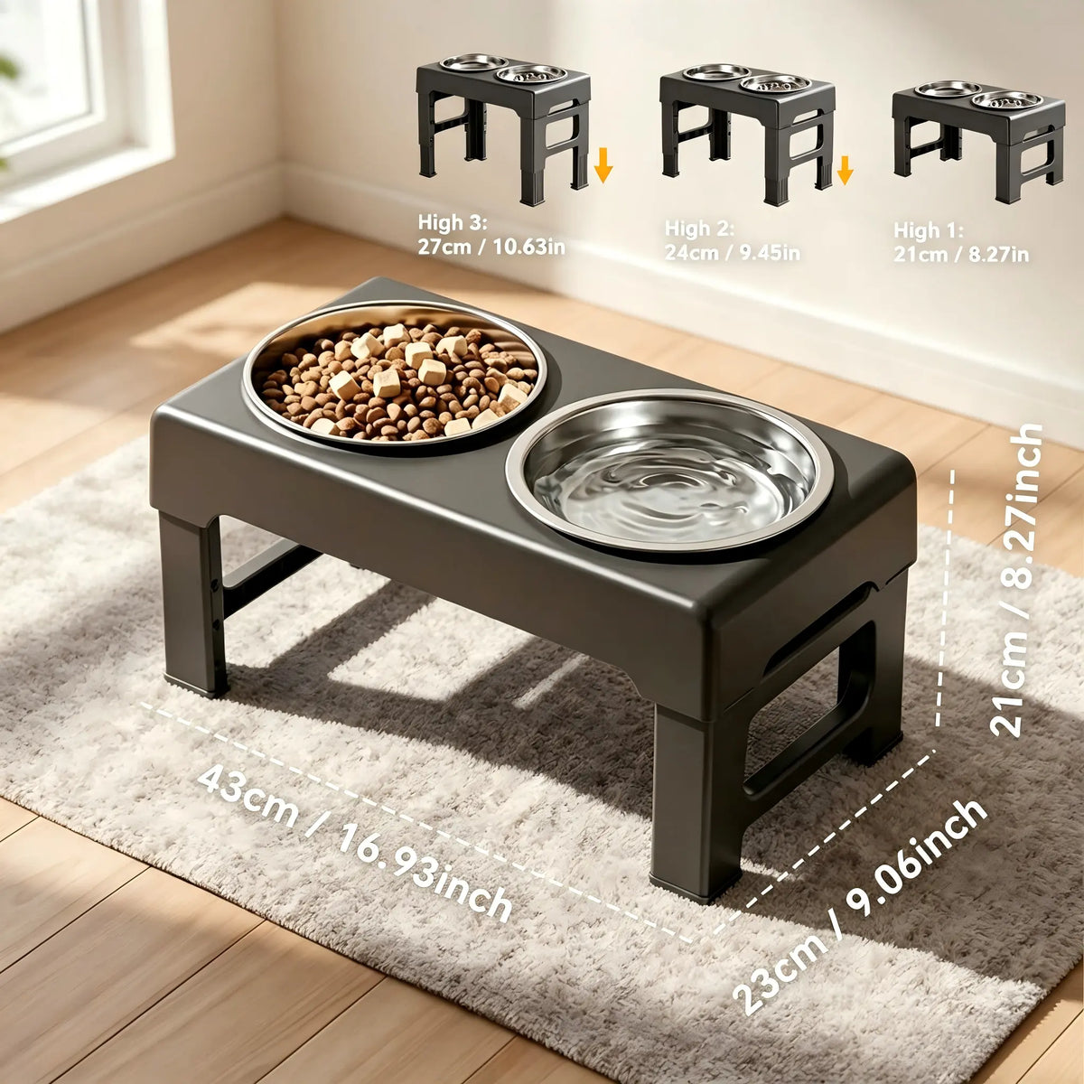 Elevated Adjustable Stainless Steel Dog Bowls with Slow Feeder Functionality - Height-Adjustable Stand (21-27cm), 17.1" Wide Anti-Slip No-Spill Feeder for Large Dogs, Promotes Neck Health and Aids in Healthy Digestion