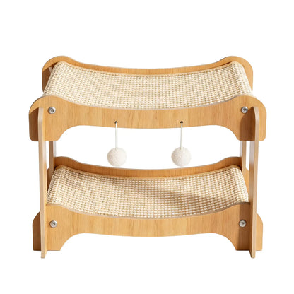 Double-Decker Wooden Sisal Cat Scratching Lounge with Play Balls