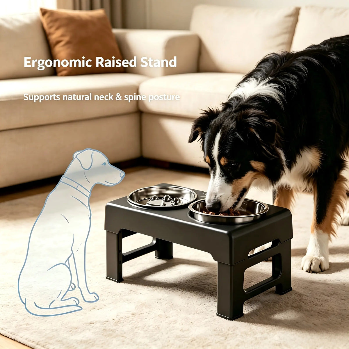 Elevated Adjustable Stainless Steel Dog Bowls with Slow Feeder Functionality - Height-Adjustable Stand (21-27cm), 17.1" Wide Anti-Slip No-Spill Feeder for Large Dogs, Promotes Neck Health and Aids in Healthy Digestion