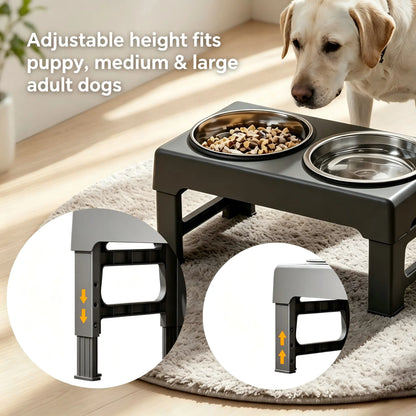 Elevated Adjustable Stainless Steel Dog Bowls with Slow Feeder Functionality - Height-Adjustable Stand (21-27cm), 17.1" Wide Anti-Slip No-Spill Feeder for Large Dogs, Promotes Neck Health and Aids in Healthy Digestion