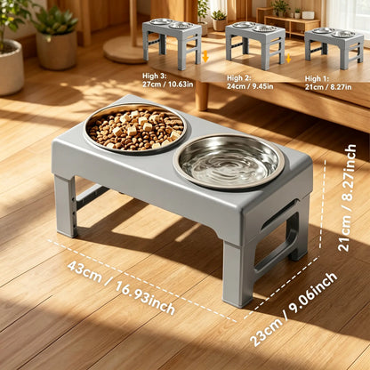 Elevated Adjustable Stainless Steel Dog Bowls with Slow Feeder Functionality - Height-Adjustable Stand (21-27cm), 17.1" Wide Anti-Slip No-Spill Feeder for Large Dogs, Promotes Neck Health and Aids in Healthy Digestion