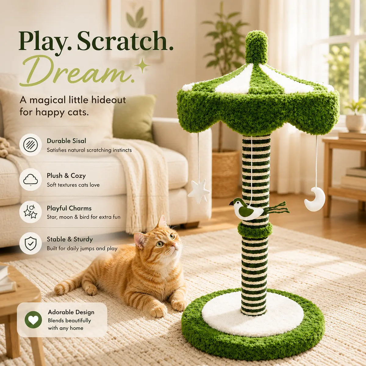 39-Inch Tall Carousel Cat Scratching Post with Rotating Canopy, Natural Sisal Wrap, Plush Green and White Design, and Stable Base for Active Indoor Cats