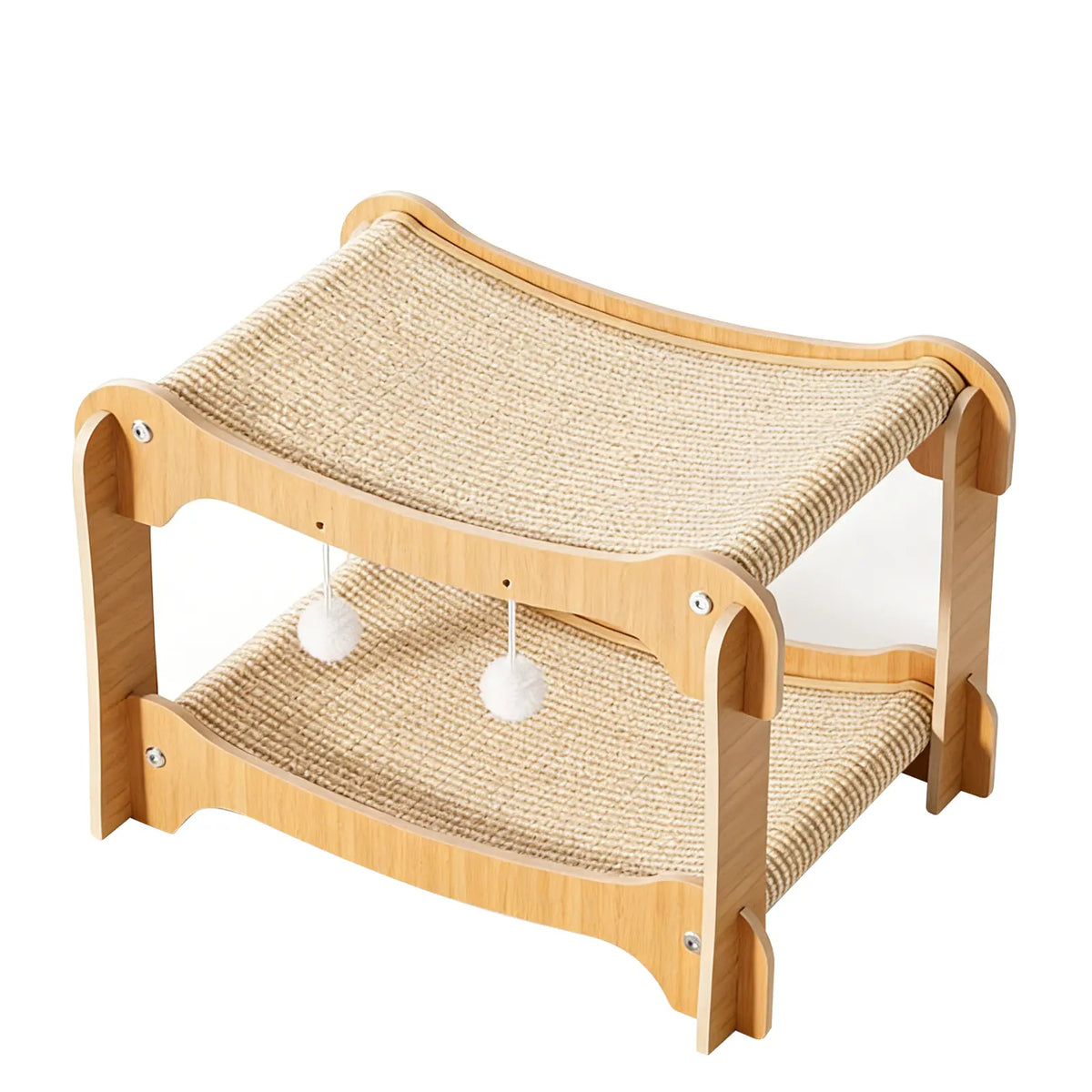 Double-Decker Wooden Sisal Cat Scratching Lounge with Play Balls