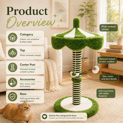 39-Inch Tall Carousel Cat Scratching Post with Rotating Canopy, Natural Sisal Wrap, Plush Green and White Design, and Stable Base for Active Indoor Cats