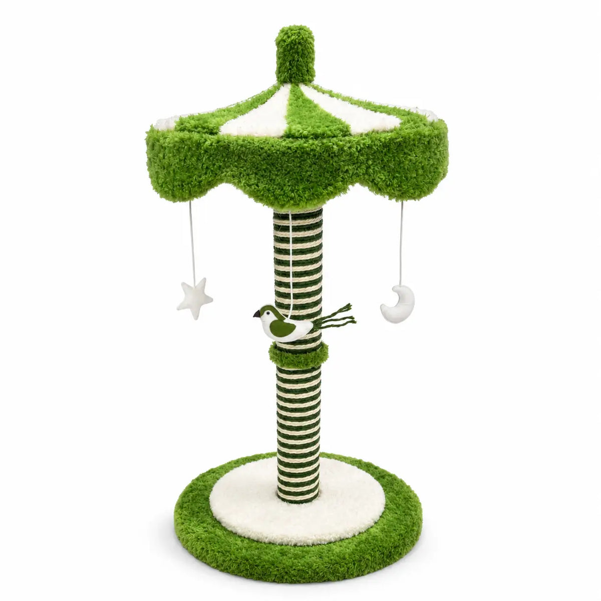39-Inch Tall Carousel Cat Scratching Post with Rotating Canopy, Natural Sisal Wrap, Plush Green and White Design, and Stable Base for Active Indoor Cats