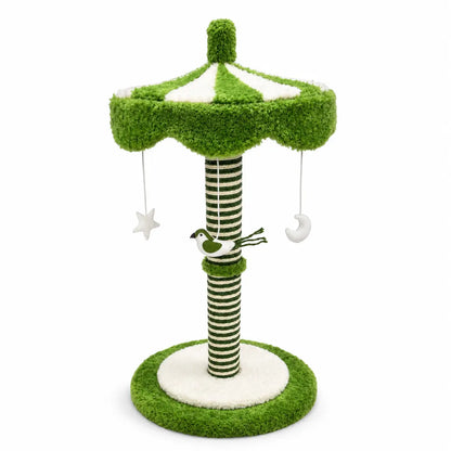 39-Inch Tall Carousel Cat Scratching Post with Rotating Canopy, Natural Sisal Wrap, Plush Green and White Design, and Stable Base for Active Indoor Cats
