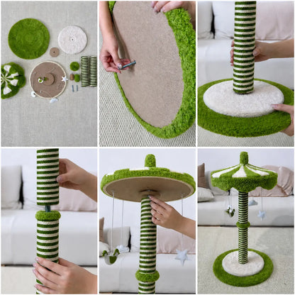 39-Inch Tall Carousel Cat Scratching Post with Rotating Canopy, Natural Sisal Wrap, Plush Green and White Design, and Stable Base for Active Indoor Cats