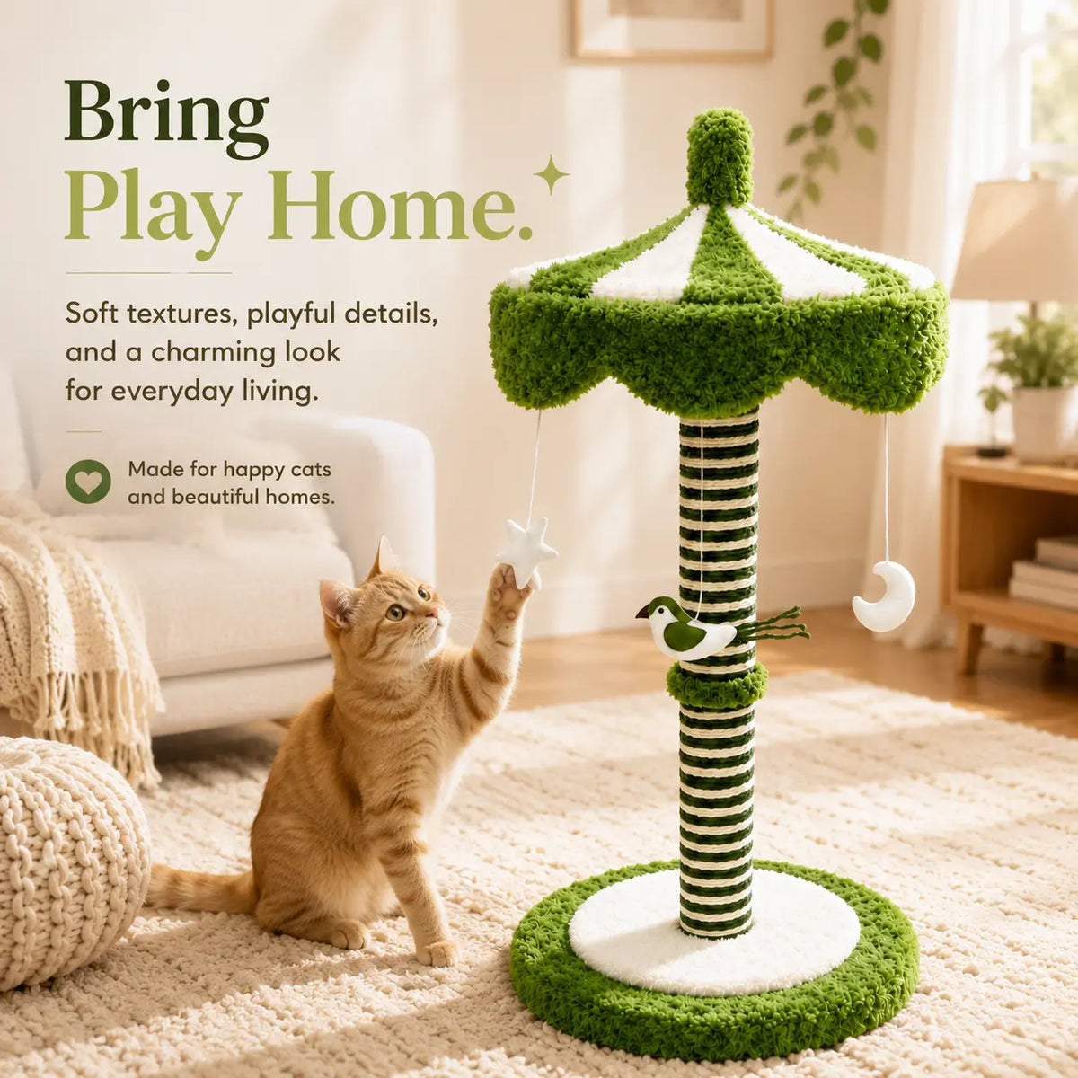 39-Inch Tall Carousel Cat Scratching Post with Rotating Canopy, Natural Sisal Wrap, Plush Green and White Design, and Stable Base for Active Indoor Cats