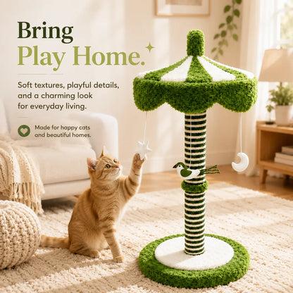 39-Inch Tall Carousel Cat Scratching Post with Rotating Canopy, Natural Sisal Wrap, Plush Green and White Design, and Stable Base for Active Indoor Cats