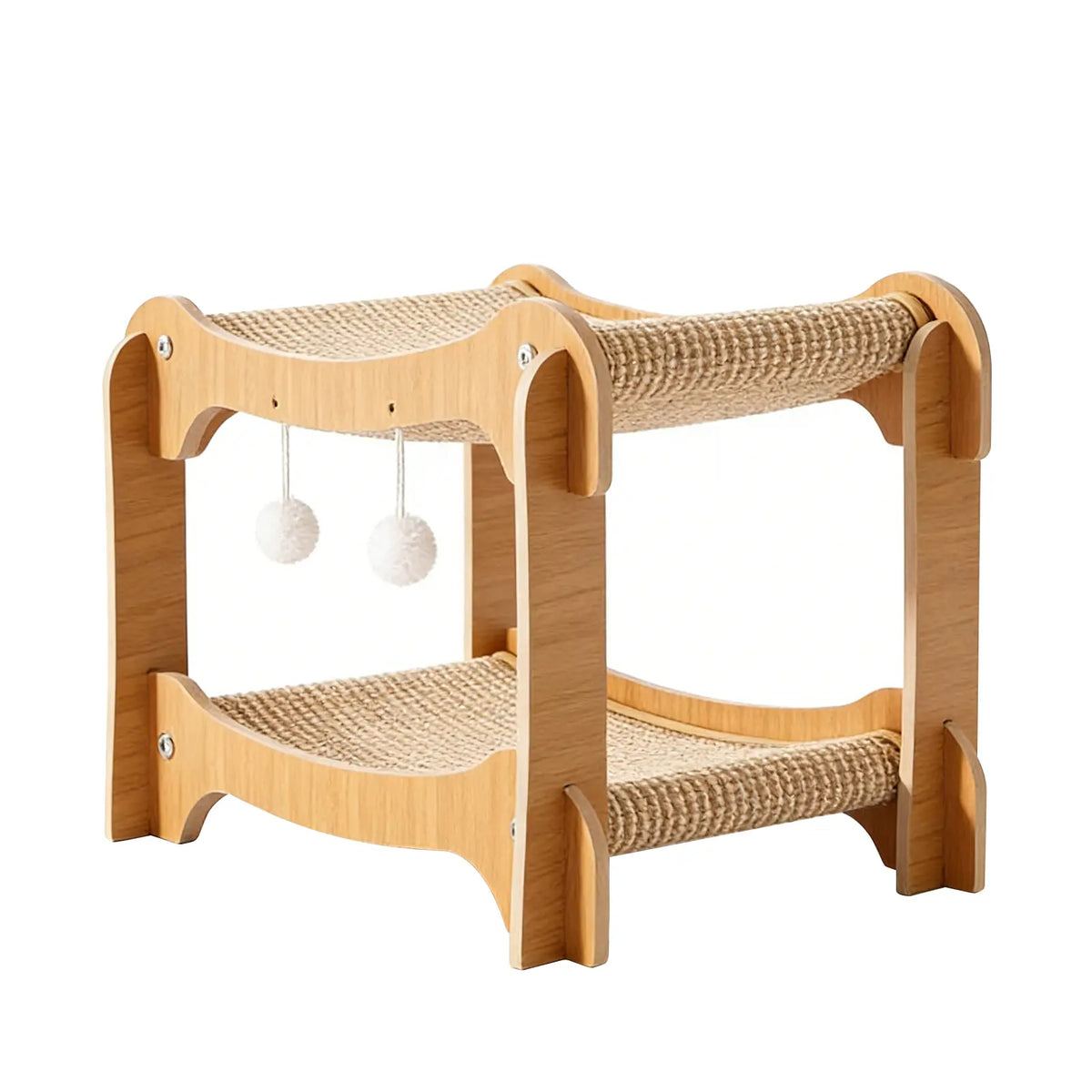 Double-Decker Wooden Sisal Cat Scratching Lounge with Play Balls