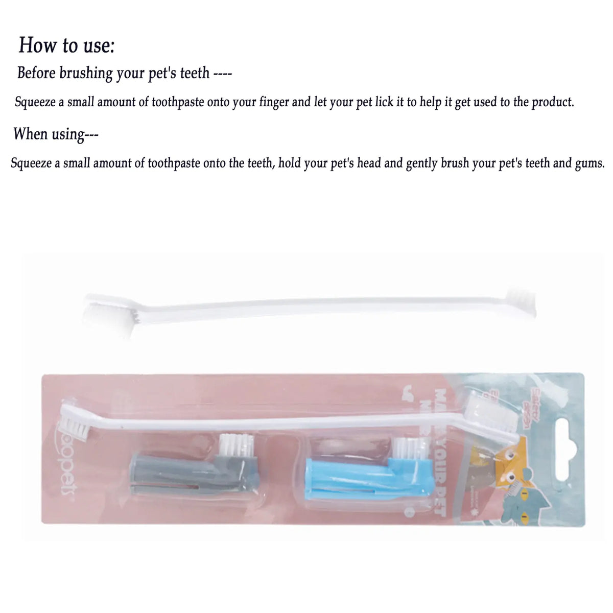 Pet Oral Care Cleaning Set - 3-Piece Gentle Finger Toothbrush Sleeve and Double-Head Soft Toothbrushes for Dogs and Cats of All Ages, Versatile and User-Friendly Oral Hygiene Tool