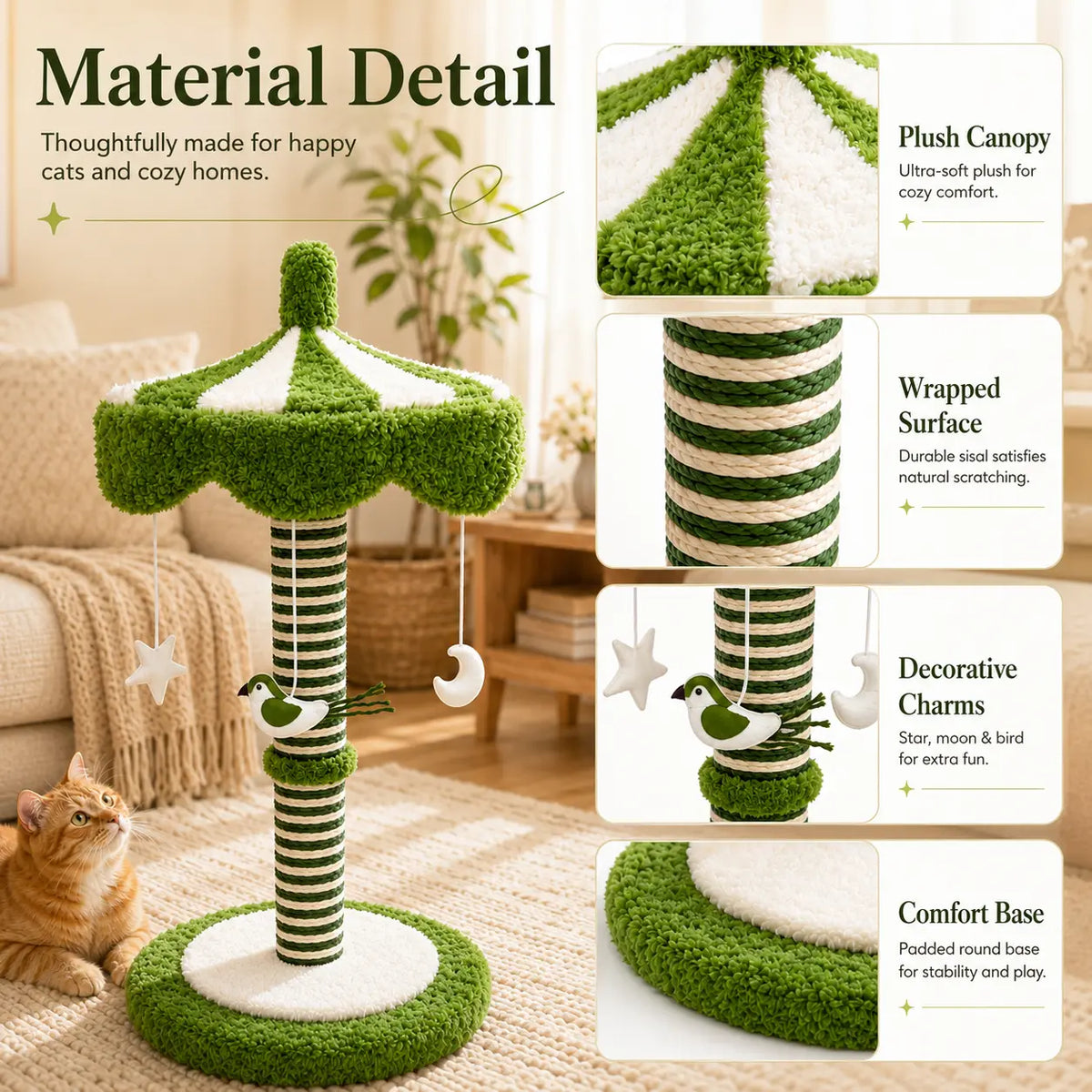 39-Inch Tall Carousel Cat Scratching Post with Rotating Canopy, Natural Sisal Wrap, Plush Green and White Design, and Stable Base for Active Indoor Cats