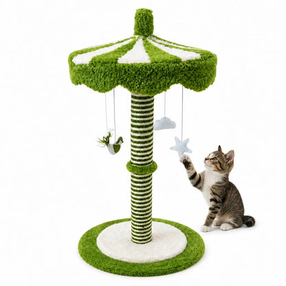 39-Inch Tall Carousel Cat Scratching Post with Rotating Canopy, Natural Sisal Wrap, Plush Green and White Design, and Stable Base for Active Indoor Cats