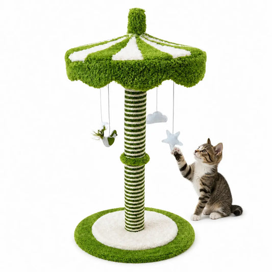 39-Inch Tall Carousel Cat Scratching Post with Rotating Canopy, Natural Sisal Wrap, Plush Green and White Design, and Stable Base for Active Indoor Cats