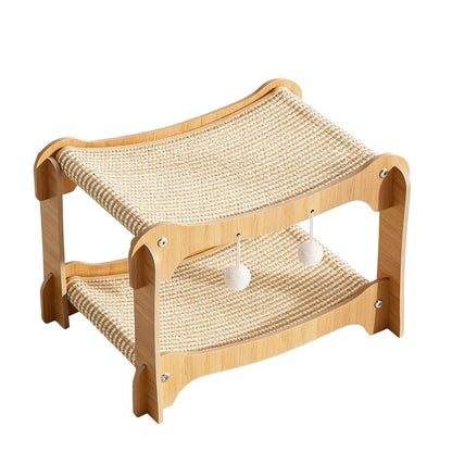 Double-Decker Wooden Sisal Cat Scratching Lounge with Play Balls