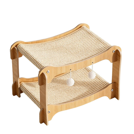 Double-Decker Wooden Sisal Cat Scratching Lounge with Play Balls