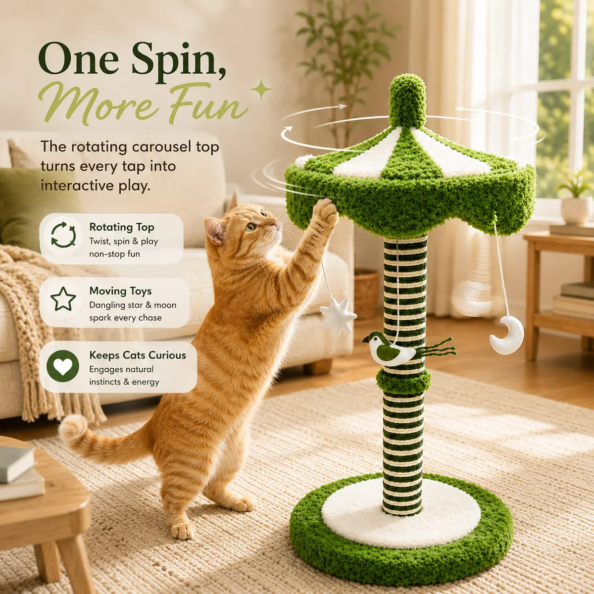 39-Inch Tall Carousel Cat Scratching Post with Rotating Canopy, Natural Sisal Wrap, Plush Green and White Design, and Stable Base for Active Indoor Cats
