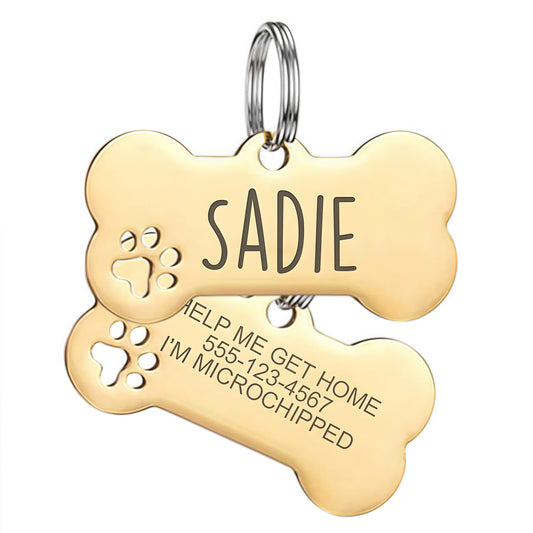 Personalized Engraved Stainless Steel Pet ID Tag - Custom Bone Design for Dogs and Cats with Split Ring Attachment