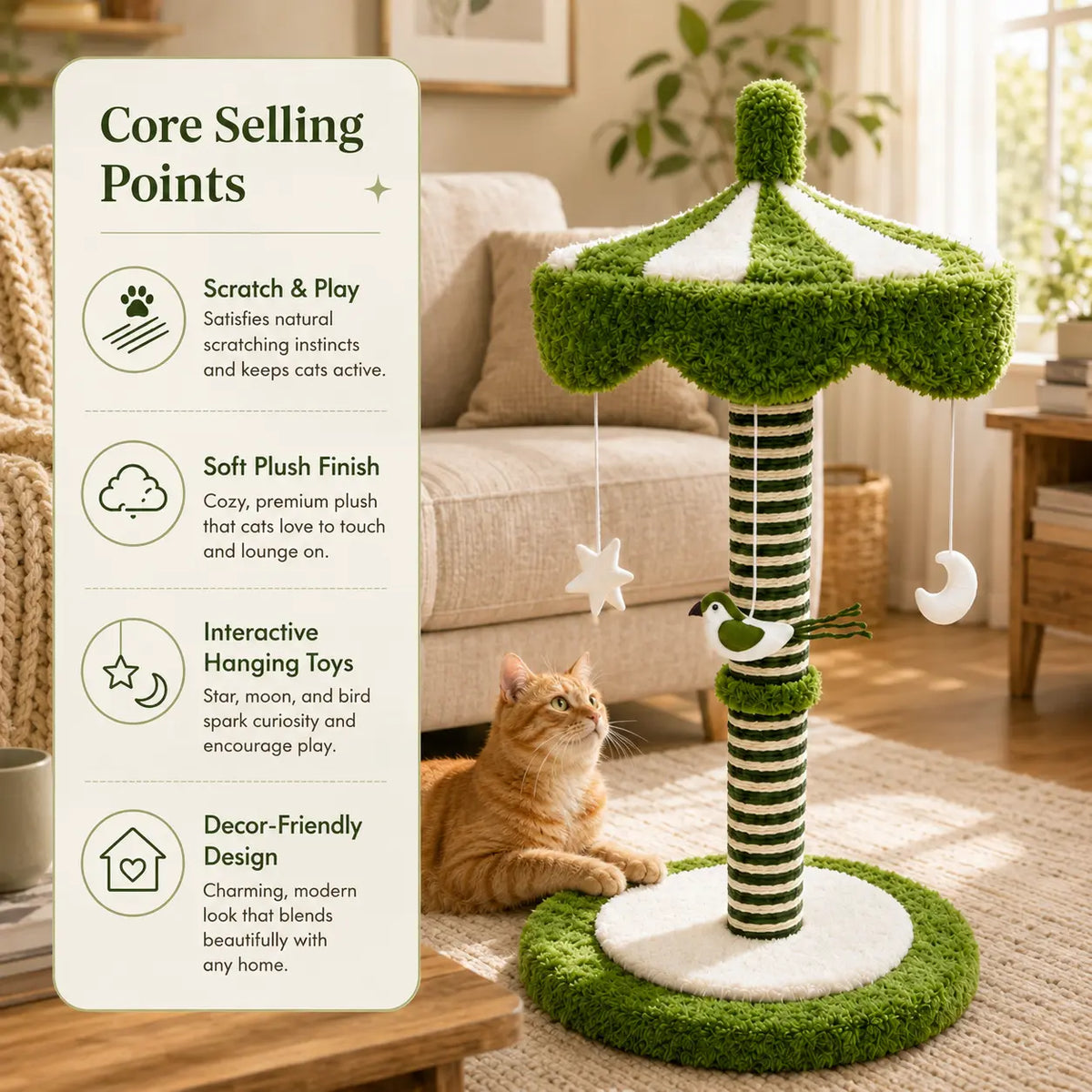 39-Inch Tall Carousel Cat Scratching Post with Rotating Canopy, Natural Sisal Wrap, Plush Green and White Design, and Stable Base for Active Indoor Cats